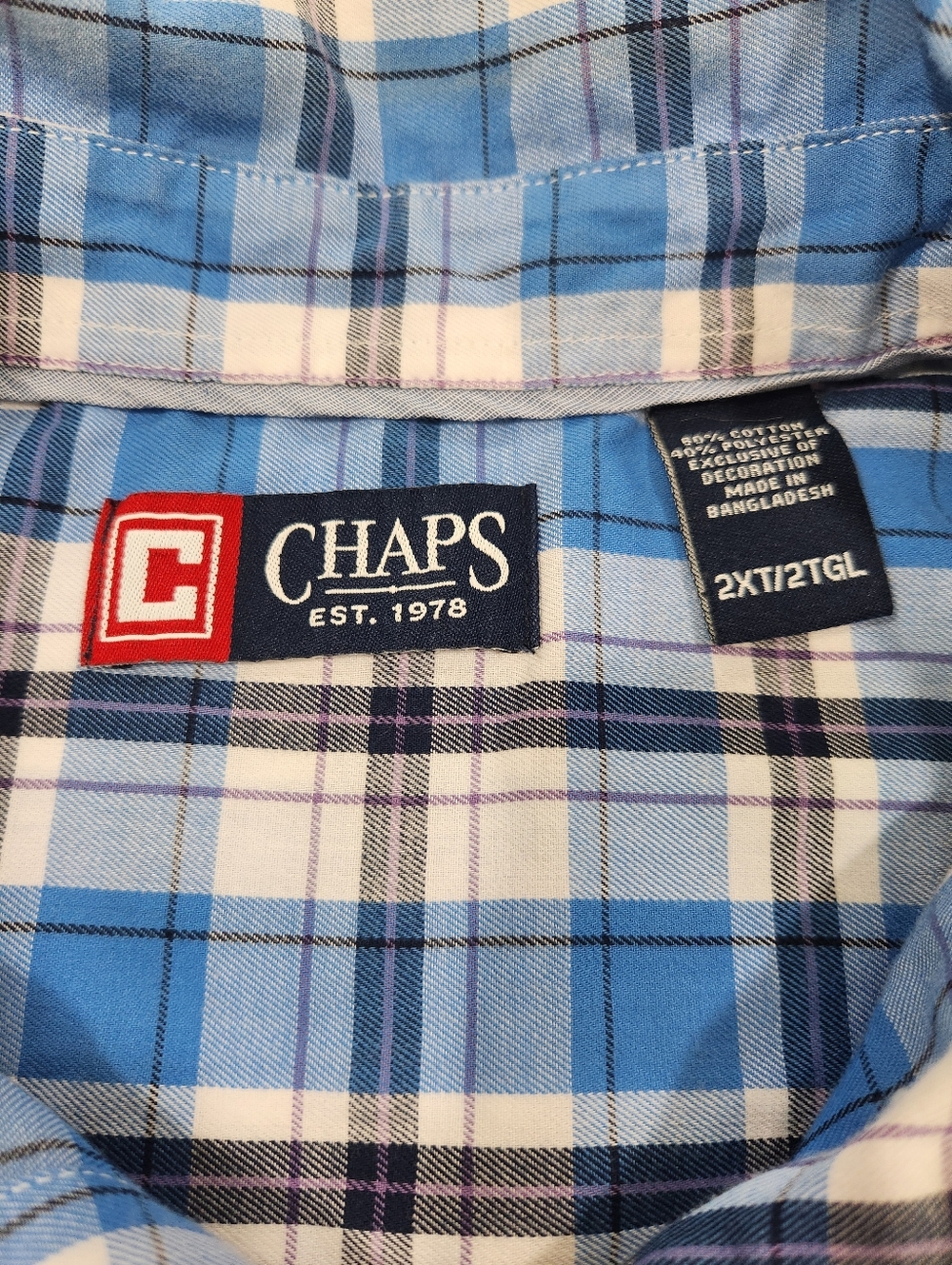 Chaps Men’s 2XT Plaid Button-Down Shirt Blue/White/Black/Purple Short Sleeve - Picture 5 of 6